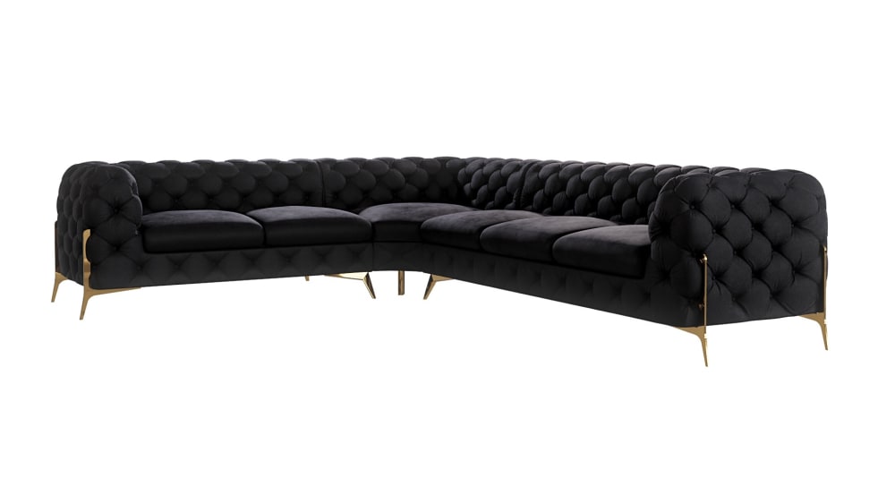 wohnli-moebel-suche-M25046249 Wohnli Möbelsuche - Ecksofa Chesterfield aus Samt mit goldenen Metall-Füßen