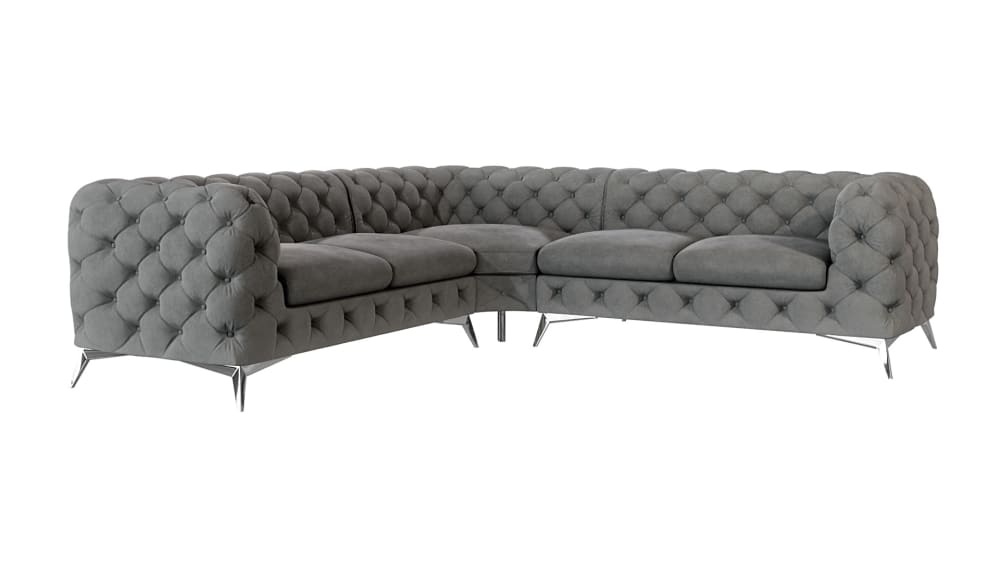 Wohnli Möbelsuche - Ecksofa Chesterfield aus Samt mit silbernen Metall-Füßen