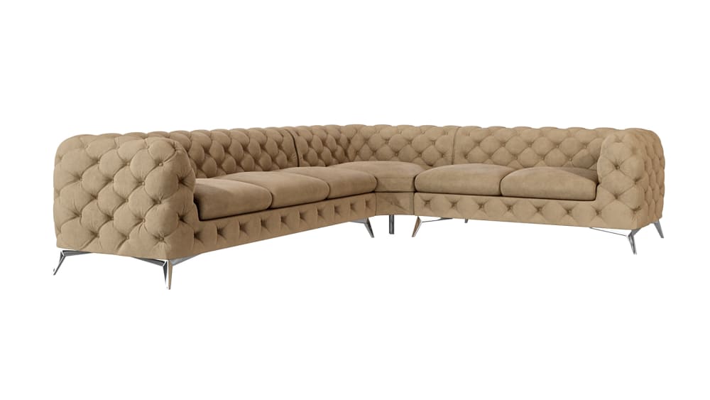 wohnli-moebel-suche-M25046257 Wohnli Möbelsuche - Ecksofa Chesterfield aus Samt mit silbernen Metall-Füßen