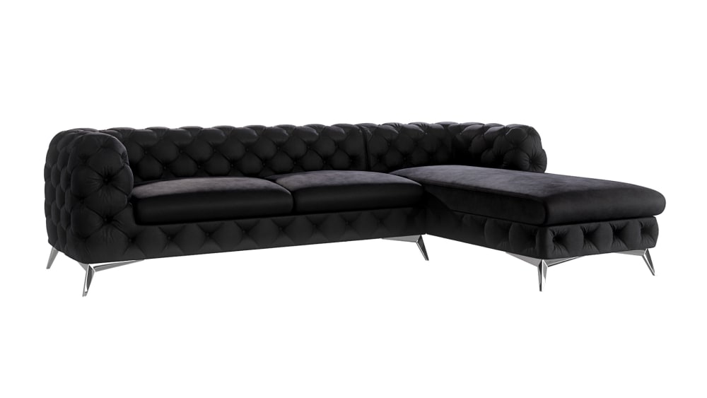 wohnli-moebel-suche-M25046271 Wohnli Möbelsuche - Ecksofa mit Ottomane Chesterfield mit Metall Füßen aus Samt