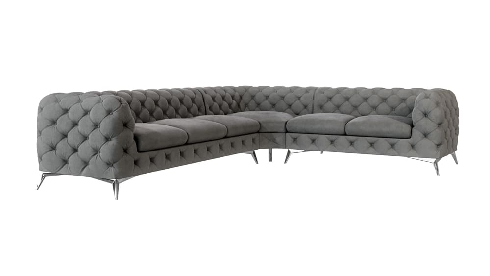 Wohnli Möbelsuche - Ecksofa Chesterfield aus Samt mit silbernen Metall-Füßen