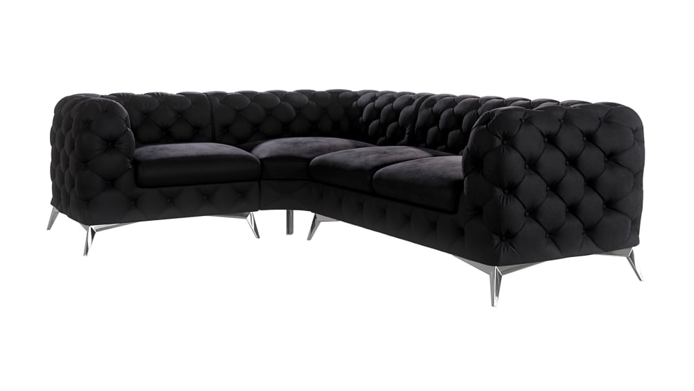 Wohnli Möbelsuche - Ecksofa Chesterfield aus Samt mit silbernen Metall-Füßen