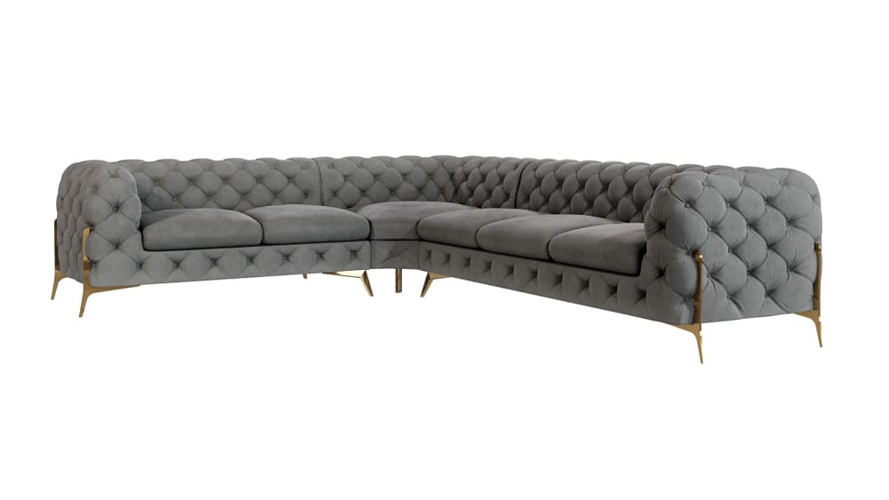 wohnli-moebel-suche-M25046284 Wohnli Möbelsuche - Ecksofa Chesterfield aus Samt mit goldenen Metall-Füßen