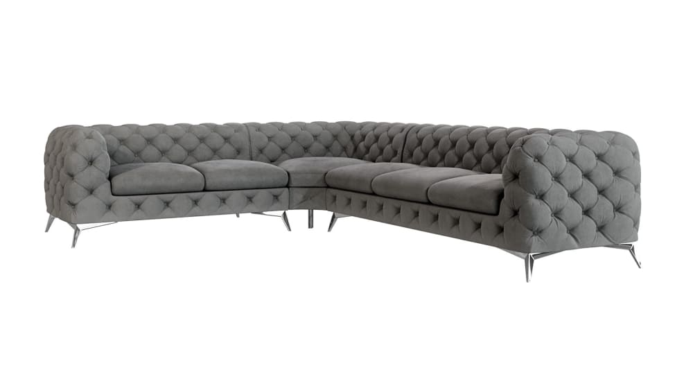 Wohnli Möbelsuche - Ecksofa Chesterfield aus Samt mit silbernen Metall-Füßen