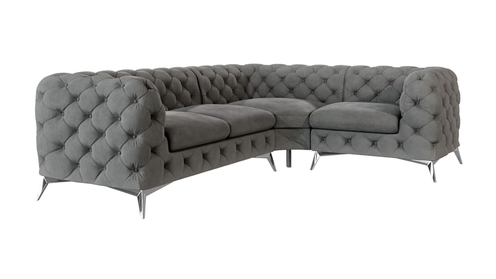 Wohnli Möbelsuche - Ecksofa Chesterfield aus Samt mit silbernen Metall-Füßen