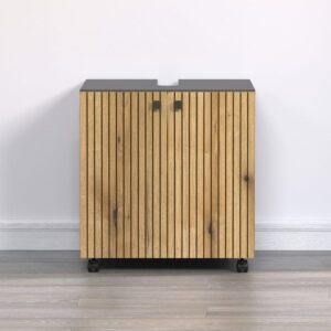 Unterschrank mit Rollen und 2 Türen L60 cm - Eichendekor und Grau 60x64x42cm Spanplatte Braun Calicosy Möbel Badezimmermöbel Waschtische