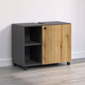 Unterschrank mit Rollen und 1 Tür L80 cm - Eichendekor und Grau 80x64x42cm Spanplatte Braun Calicosy Möbel Badezimmermöbel Waschtische