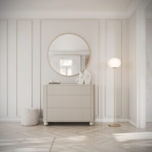 wohnli-moebel-suche-M25049319-1 Kommode mit 3 Schubladen, gerillt auf Kugelfüßen, greige, 93 cm 93x84x93cm Spanplatte Taupe Selsey Möbel Schlafzimmermöbel Kommoden
