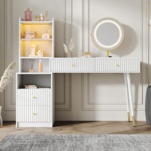 Moderner weißer Schminktisch mit LED-Spiegel und Stauraum 100x125x40cm Spanplatte Weiß Urban Meuble Möbel Esszimmermöbel Geschirrschränke