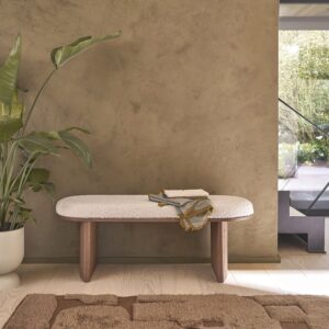 Bank aus massivem Mindi in Walnuss-Finish und Bouclé-Stoff 120 cm 120x45x120cm Holz Braun BERAH GETAH Möbel Esszimmermöbel Sitzbank und Holzbank