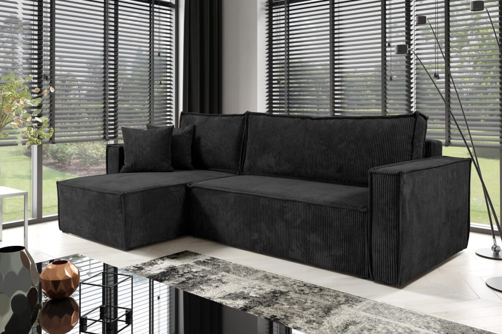 Ecksofa mit Schlaffunktion Cord Schwarz 240x70x150cm Polyester Schwarz Furnisell Sofas und Sessel Sofas Ecksofas