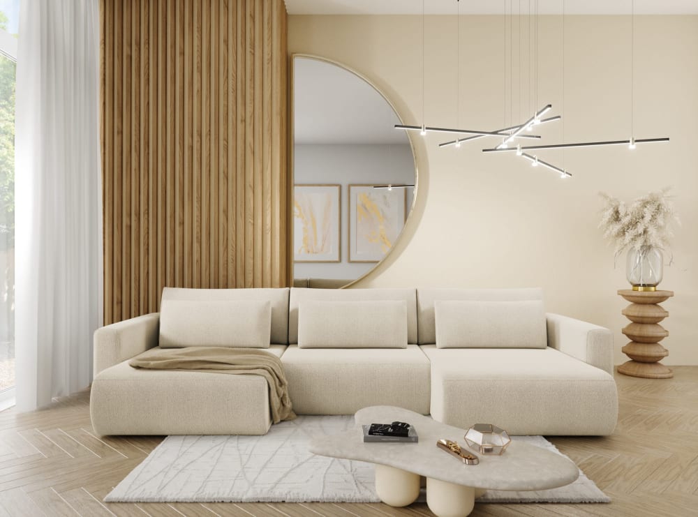 Ecksofa mit Schlaffunktion 5 Sitzer  U Beige 340x70x149cm Polyester Beige Furnisell Sofas und Sessel Sofas Wohnlandschaften