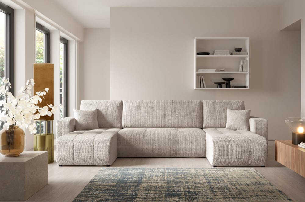 Ecksofa mit Schlaffunktion cremefarben 145x70x135cm Polyester Beige Furnisell Sofas und Sessel Sofas Wohnlandschaften