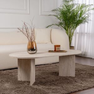 Ovaler Couchtisch in Travertinoptik 119 x 60 cm 119x40x60cm Spanplatte Weiß Concept Usine Möbel Wohnzimmermöbel Couchtische