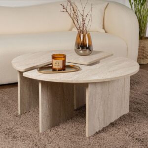 Runder Couchtisch Duo in Travertinoptik 90 cm 90x41x90cm Holz Weiß Concept Usine Möbel Wohnzimmermöbel Couchtische