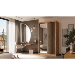 Schiebetürenschrank mit Lamellen 120 cm eiche Artisan+schwarz 61x216x120cm Spanplatte Braun Beauty Sofa GmbH Möbel Schlafzimmermöbel Kleiderschränke