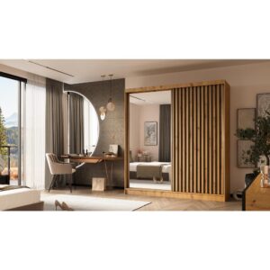 wohnli-moebel-suche-M25057875-1 Schiebetürenschrank mit Lamellen 200 cm eiche Artisan+schwarz 61x216x200cm Spanplatte Braun Beauty Sofa GmbH Möbel Schlafzimmermöbel Kleiderschränke