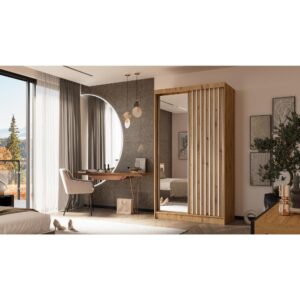 wohnli-moebel-suche-M25057888-1 Schiebetürenschrank mit Lamellen 120 cm eiche Artisan+weiß 61x216x120cm Spanplatte Braun Beauty Sofa GmbH Möbel Schlafzimmermöbel Kleiderschränke