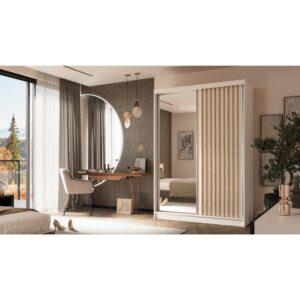 Schiebetürenschrank mit Lamellen 150 cm weiß+eiche Artisan 61x216x150cm Spanplatte Weiß Beauty Sofa GmbH Möbel Schlafzimmermöbel Kleiderschränke