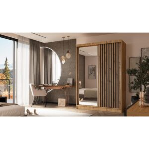 wohnli-moebel-suche-M25057894-1 Schiebetürenschrank mit Lamellen 150 cm eiche Artisan+schwarz 61x216x150cm Spanplatte Braun Beauty Sofa GmbH Möbel Schlafzimmermöbel Kleiderschränke