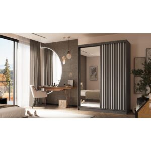 wohnli-moebel-suche-M25057910-1 Schiebetürenschrank mit Lamellen 160 cm graphit+weiß 61x216x160cm Spanplatte Grau Beauty Sofa GmbH Möbel Schlafzimmermöbel Kleiderschränke