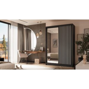 wohnli-moebel-suche-M25057912-1 Schiebetürenschrank mit Lamellen 150 cm schwarz+weiß 61x216x150cm Spanplatte Schwarz Beauty Sofa GmbH Möbel Schlafzimmermöbel Kleiderschränke