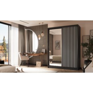 wohnli-moebel-suche-M25057919-1 Schiebetürenschrank mit Lamellen 160 cm schwarz+weiß 61x216x160cm Spanplatte Schwarz Beauty Sofa GmbH Möbel Schlafzimmermöbel Kleiderschränke