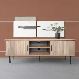 TV-Ständer aus geriffeltem Holz mit Schiebetüren 140cm 140x40x46cm Spanplatte Braun Concept Usine Möbel Wohnzimmermöbel TV-Möbel