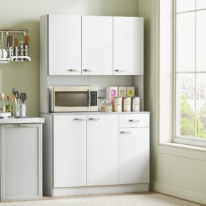 Armoire de cuisine contemporaine 6 portes 1 tiroir bois blanc gris 101x180x39cm Spanplatte Weiß Homcom Möbel Schlafzimmermöbel Schränke