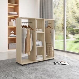 Rollschrank 6 Rollen Naturholz 120x128x40cm Spanplatte Beige Homcom Möbel Schlafzimmermöbel Schränke