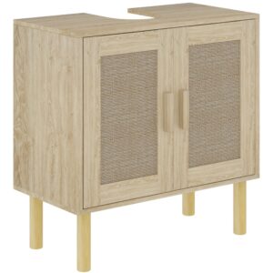 Waschtisch-Kommode 2-stufig Rattan & Kiefer-Eiche 60x60x30cm Spanplatte Beige Homcom Möbel Badezimmermöbel Waschtische