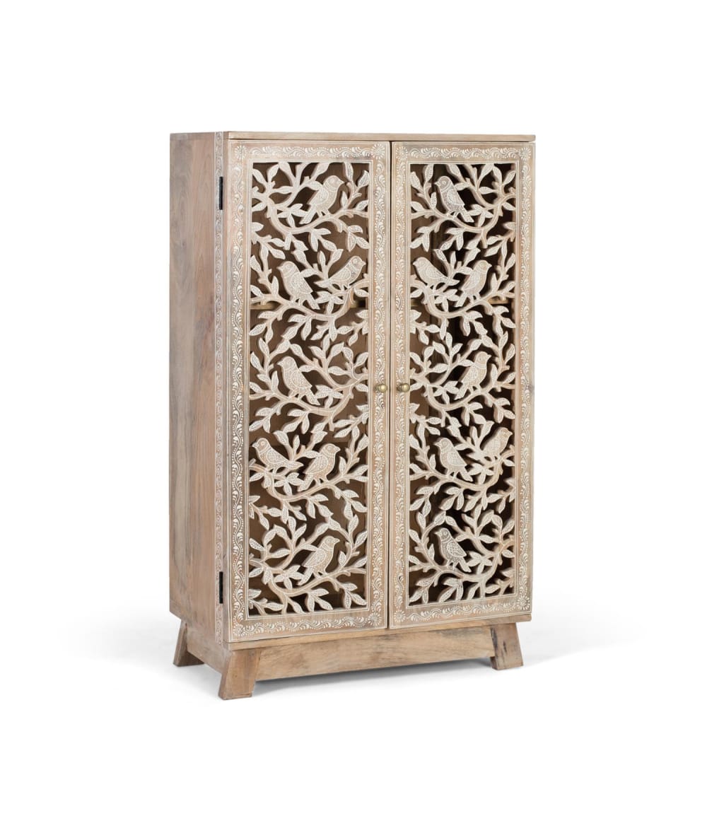 wohnli-moebel-suche-M25063208-1 Sideboard aus Mangoholz mit handgeschnitzten Türen 70x115x34cm Holz Weiß GINER Y COLOMER Möbel Schlafzimmermöbel Kommoden