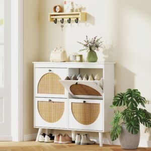 Weißholz-Schuhschrank mit 4 Klappen 105x98x24cm Spanplatte Weiß Homcom Möbel Flurmöbel Schuhschränke