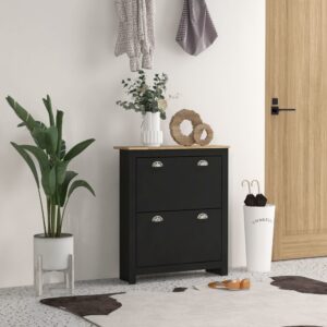 Armoire à chaussures 2 portes abattantes métal noir chêne 79x91x23cm Spanplatte Schwarz Homcom Möbel Flurmöbel Schuhschränke
