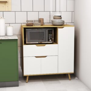 wohnli-moebel-suche-M25063754-1 Küchenbuffet mit Mikrowellenablage & Schubladen in Naturweiß 90x99x40cm Spanplatte Weiß Homcom Möbel Esszimmermöbel Sideboards, Highboards & niedrige Anrichten