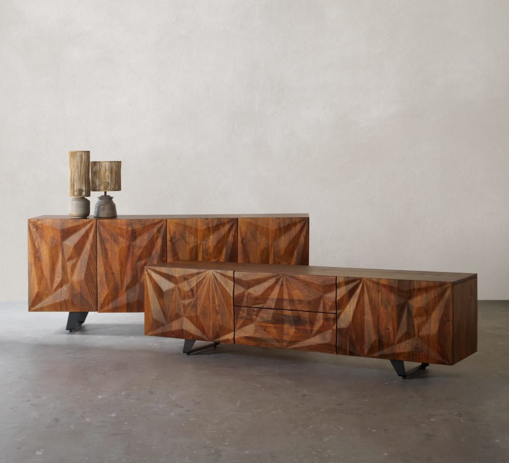 TV-Möbel mit 2 Türen und 2 Schubladen aus massivem Mangoholz 180x50x38cm Holz Braun GEESE HOME Möbel Wohnzimmermöbel TV-Möbel