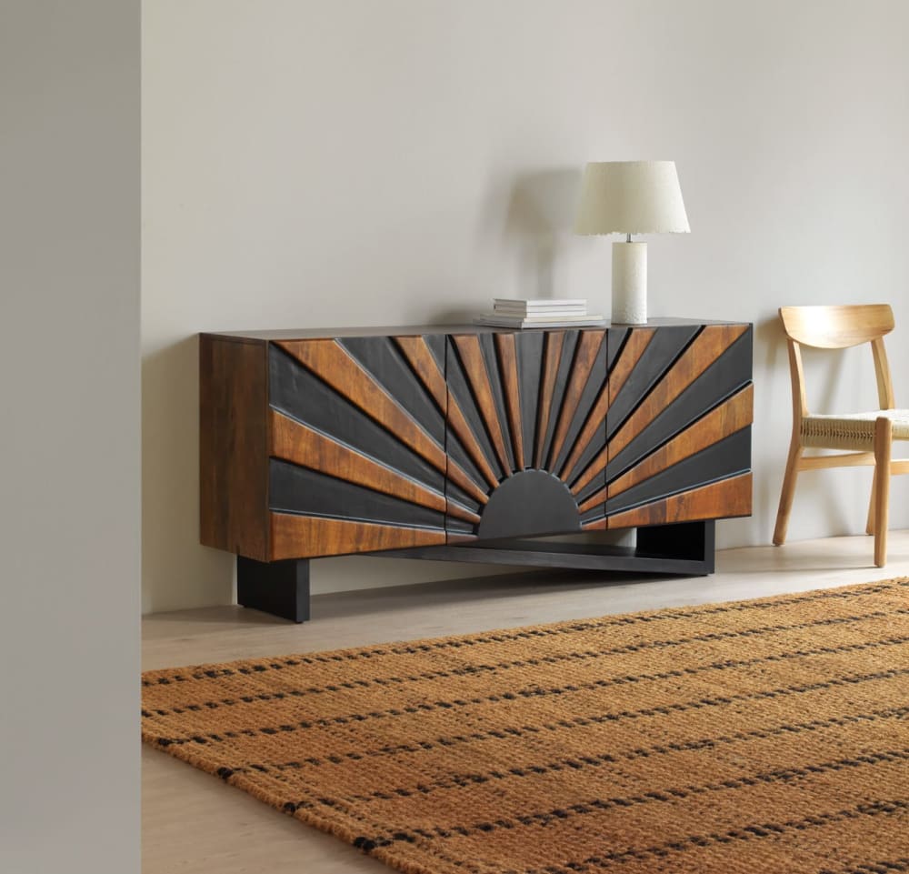 Sideboard mit 3 Türen aus massivem Mangoholz mit schwarzen Holzbeinen 160x50x38cm Holz Braun GEESE HOME Möbel Esszimmermöbel Sideboards, Highboards & niedrige Anrichten