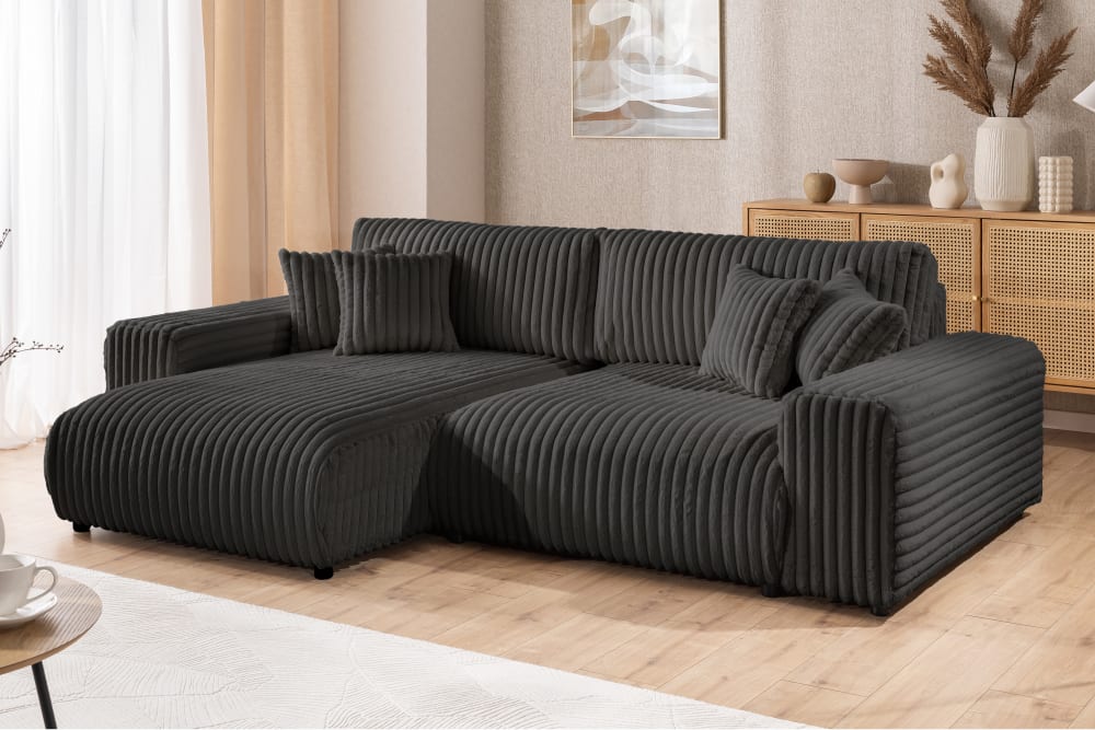 wohnli-moebel-suche-M25065052-1 Ecksofa mit Schlaffunktion und Bettkasten aus Plüschcord 255x77x168cm Holz Grau S-Style Sofas und Sessel Sofas Ecksofas