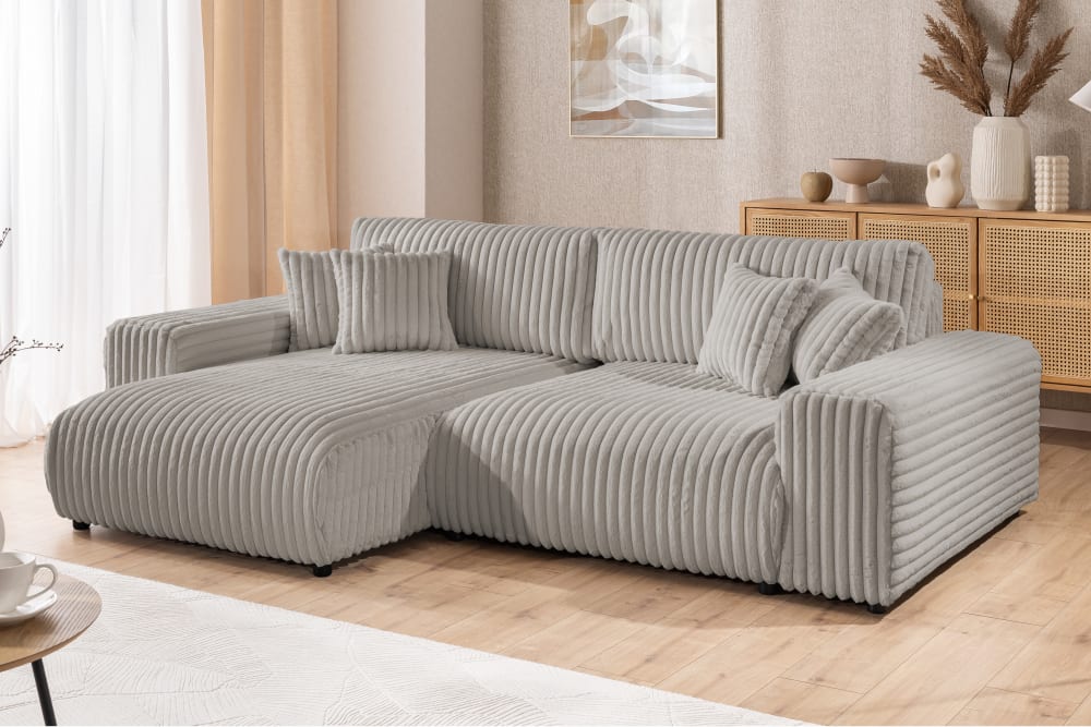 Ecksofa mit Schlaffunktion und Bettkasten aus Plüschcord 255x77x168cm Holz Grau S-Style Sofas und Sessel Sofas Ecksofas