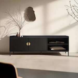 TV-Schrank aus Stahl und MDF mit Melamindekor 150 cm schwarz 150x56x40cm Holz Schwarz Oviala Möbel Wohnzimmermöbel TV-Möbel