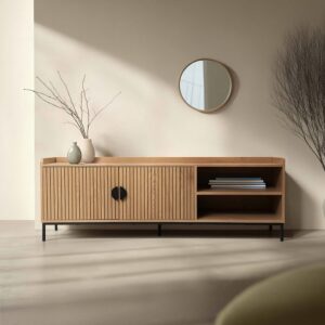 wohnli-moebel-suche-M25065152-1 TV-Schrank aus Stahl und MDF mit Melamindekor 150 cm beige 150x56x40cm Holz Beige Oviala Möbel Wohnzimmermöbel TV-Möbel