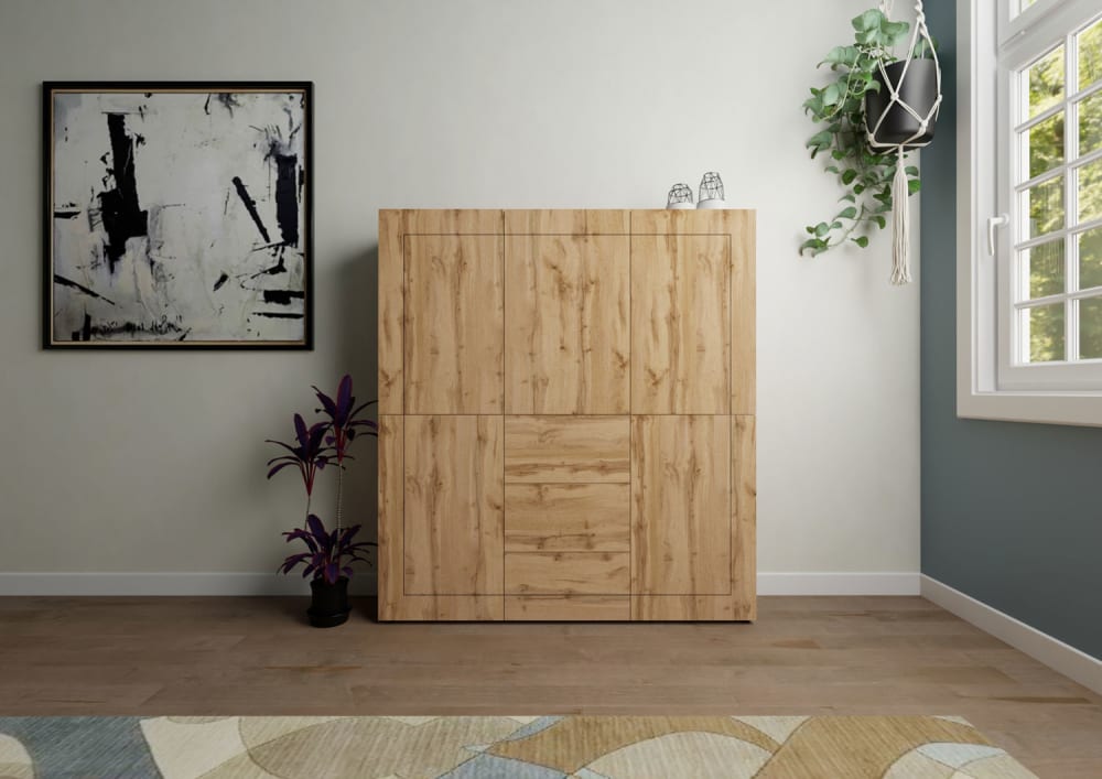 Hohe Kommode 5-türig/3-Schubladen 150x35x165cm in Holzoptik Eiche 150x165x35cm Spanplatte Braun Itamoby Möbel Esszimmermöbel Sideboards, Highboards & niedrige Anrichten
