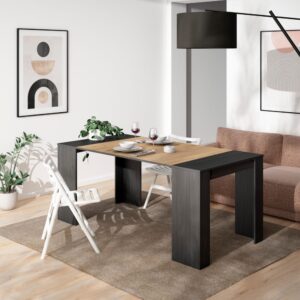 wohnli-moebel-suche-M25067925-1 Ausziehbarer Konsolentisch Holzeffekt 140x90x77cm Schwarz und Eiche 140x77x90cm Spanplatte Schwarz Skraut home Möbel Wohnzimmermöbel Konsolentische