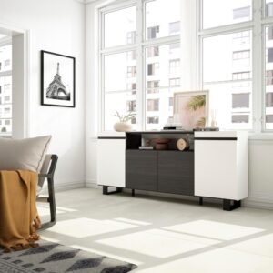wohnli-moebel-suche-M25067933-1 Sideboard Holzeffekt mit Beinen 200x35x87cm Weiß und Schwarz 200x87x35cm Spanplatte Weiß Skraut home Möbel Esszimmermöbel Sideboards, Highboards & niedrige Anrichten