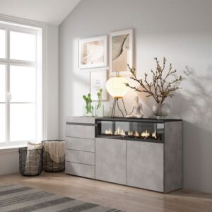 wohnli-moebel-suche-M25067942-1 Kommode Holzeffekt Kamin mit Feuereffekt Zementgrau 157x35x75cm 157x75x35cm Spanplatte Grau Skraut home Möbel Schlafzimmermöbel Kommoden