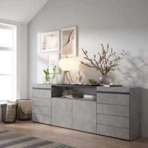 Kommode Holzeffekt 214x35x75cm Zementgrau 214x75x35cm Spanplatte Grau Skraut home Möbel Schlafzimmermöbel Kommoden