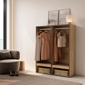 Offener Kleiderschrank Holzeffekt 120x35x145cm Eiche 120x145x35cm Spanplatte Beige Skraut home Möbel Schlafzimmermöbel Kleiderschränke