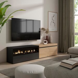 TV-Möbel Holzeffekt Kamin mit Feuereffekt 200x35x45 Eiche und Schwarz 200x45x35cm Spanplatte Beige Skraut home Möbel Wohnzimmermöbel TV-Möbel