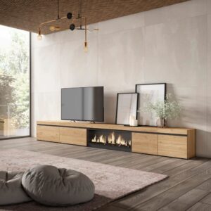 TV-Möbel Holzeffekt Kamin mit Feuereffekt XXL 368x35x45cm Eiche 368x45x35cm Spanplatte Beige Skraut home Möbel Wohnzimmermöbel TV-Möbel