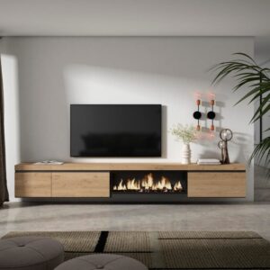 TV-Möbel Holzeffekt Kamin mit Feuereffekt XXL 317x35x45cm Eiche 317x45x35cm Spanplatte Beige Skraut home Möbel Wohnzimmermöbel TV-Möbel